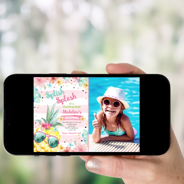 Hawaiian Luau Pineapple Pool Party Girl Birthday Invitation (Front Digital)