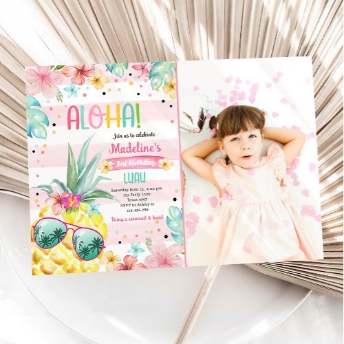 Hawaiian Luau Pineapple Tropical Girl Birthday  In Invitation