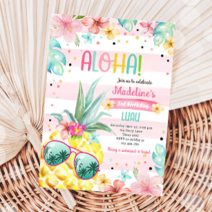 Hawaiian Luau Pineapple Tropical Girl Birthday  Invitation