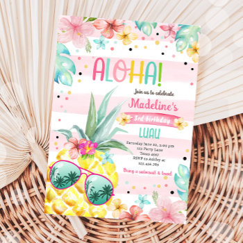 Hawaiian Luau Pineapple Tropical Girl Birthday  Invitation by Anietillustration at Zazzle