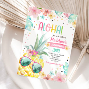 Hawaiian Luau Pineapple Tropical Girl Birthday Invitation