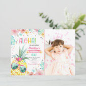 Hawaiian Luau Pineapple Tropical Girl Birthday Invitation (Standing Front)