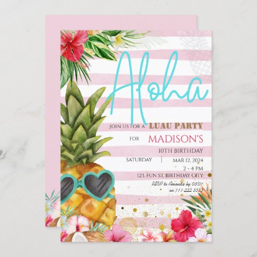 Hawaiian Luau Pineapple Tropical Girl Birthday Invitation