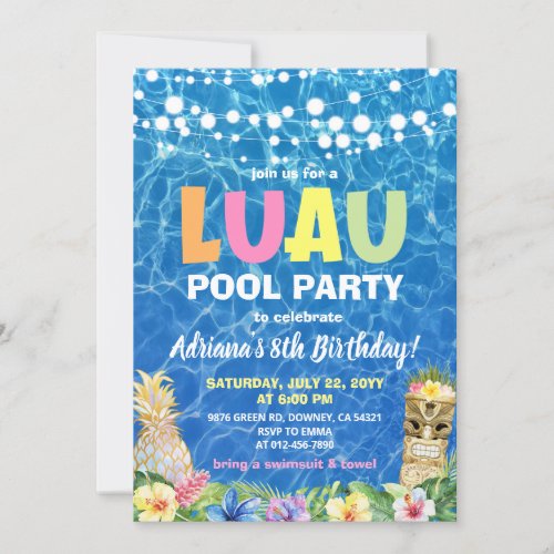 Hawaiian Luau Pool Party Birthday Invitation