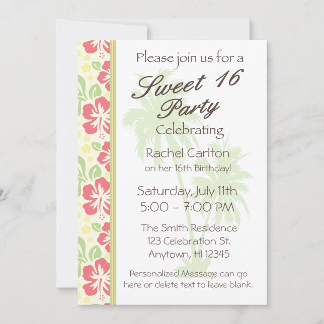 Hawaiian Luau Sweet 16 Birthday Party Invitation (Front)