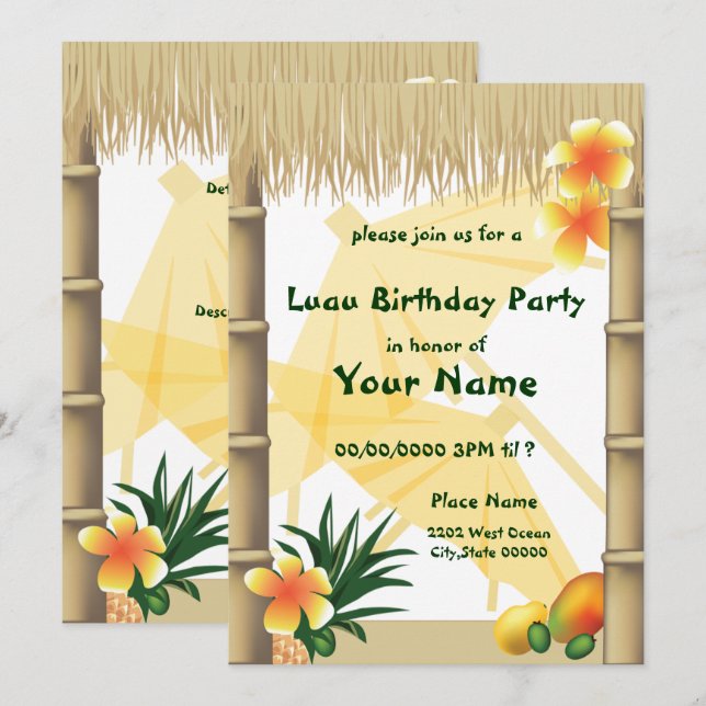 Hawaiian Luau Tiki Hut Tropical Birthday Invitation (Front/Back)