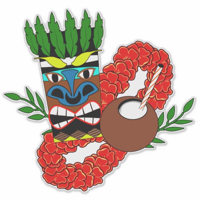 Hawaiian Luau Tiki Lei Coconut Totem Sticker (Front)
