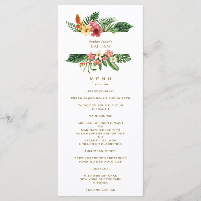 Hawaiian Luau Tropical Flowers Baptism Menu (Front)