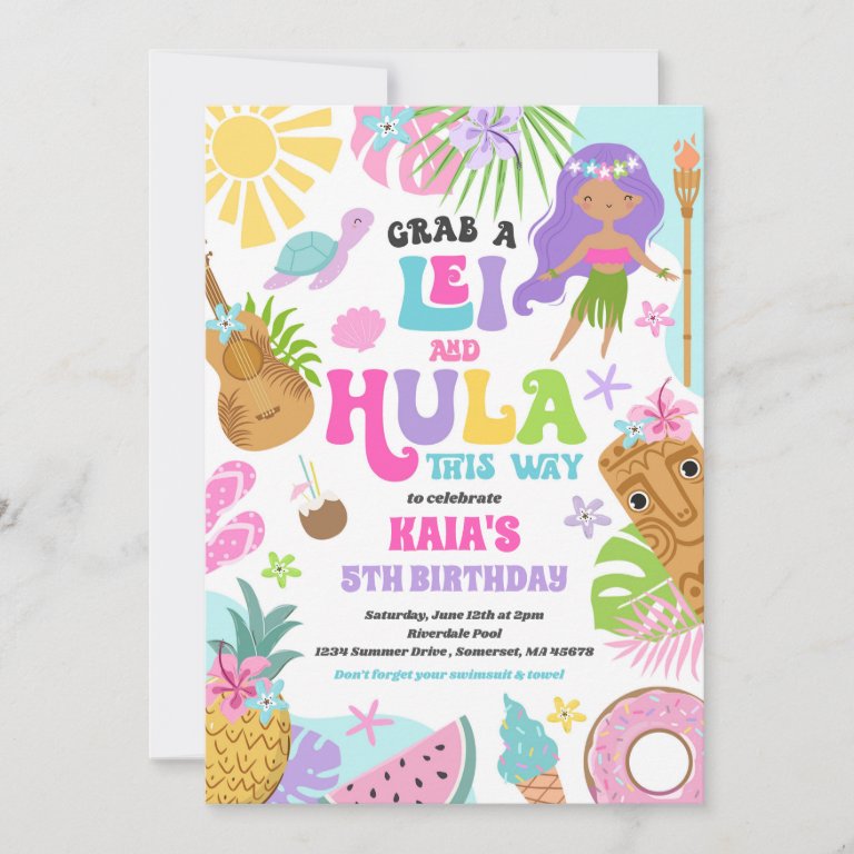 Hawaiian Luau Tropical Summer Pool Birthday Party Invitation