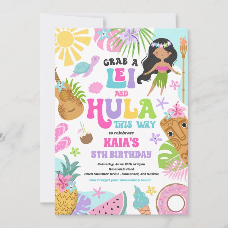 Hawaiian Luau Tropical Summer Pool Birthday Party Invitation