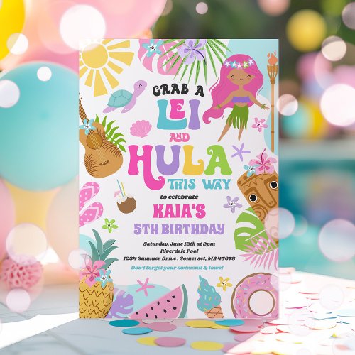 Hawaiian Luau Tropical Summer Pool Birthday Party Invitation