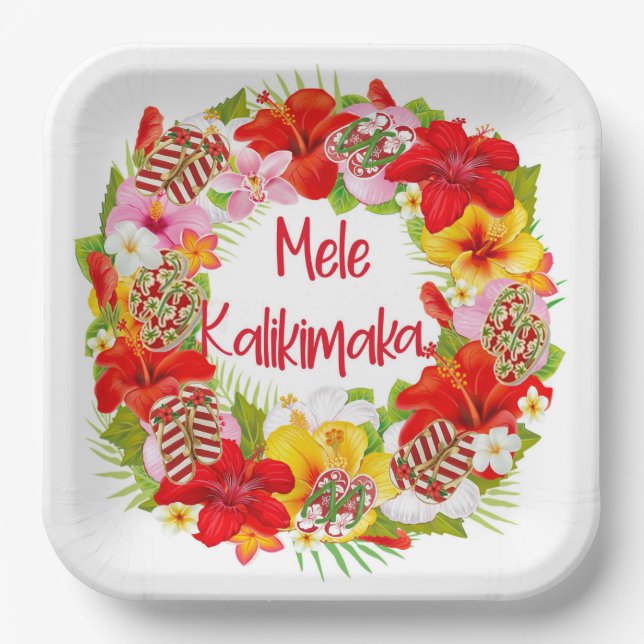 Hawaiian Mele Kalikimaka Wreath Paper Plate (Front)
