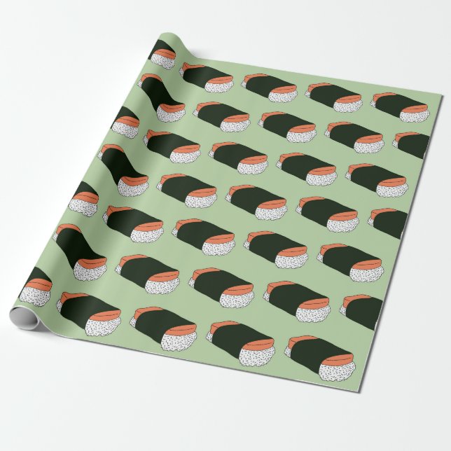 Hawaiian Musubi Food Patterned Birthday Wrapping Paper (Unrolled)