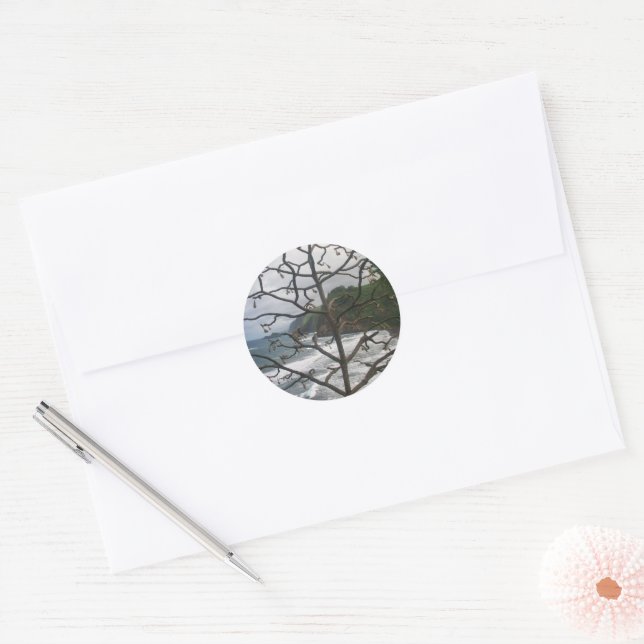 Hawaiian Ocean Beach Tree Photo View Classic Round Sticker (Envelope)