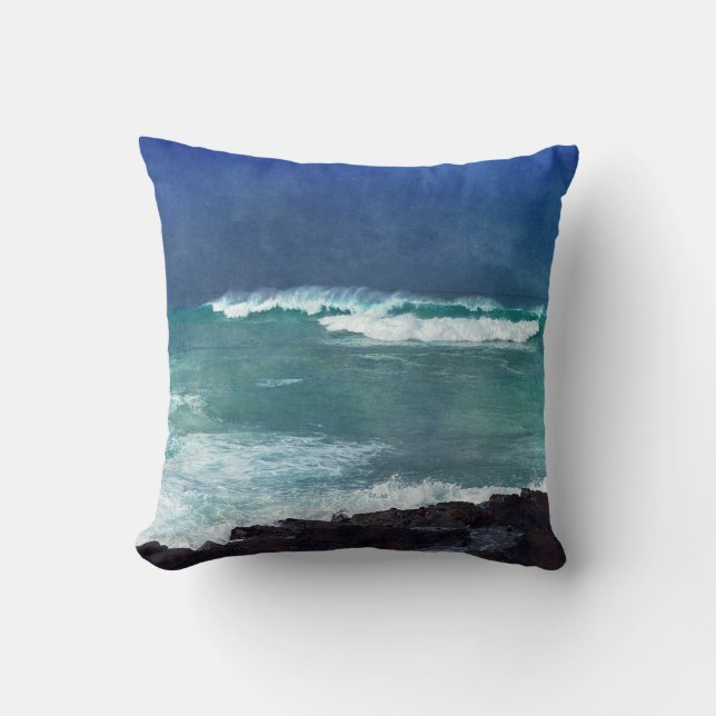 Hawaiian Ocean Hawaii Waves Aqua Teal Blue Sea Throw Pillow (Front)
