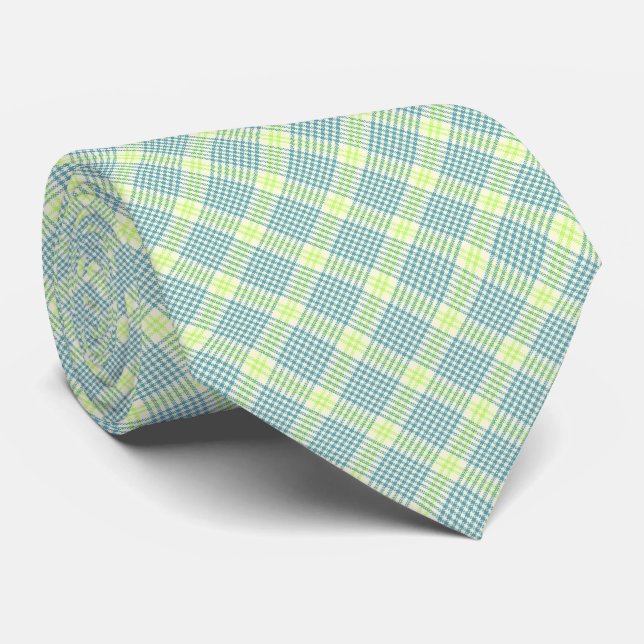 Hawaiian Palaka Plaid Teal and Lime Two-Sided Neck Tie (Rolled)