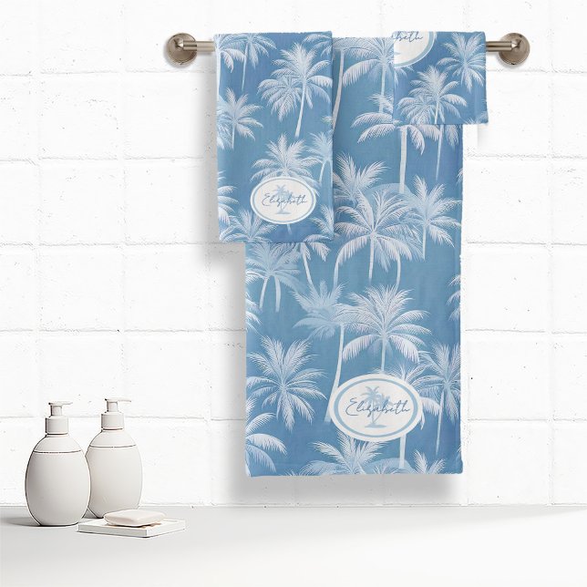 Hawaiian Palm Tree Silhouette Pattern Blue ID1093 Bath Towel Set (Creator Uploaded)