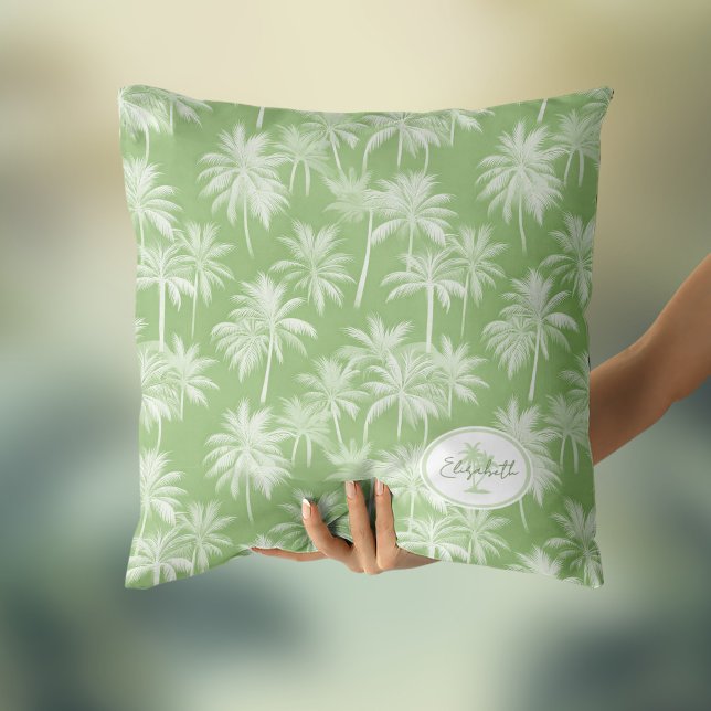 Hawaiian Palm Tree Silhouette Pattern Green ID1093 Throw Pillow (Creator Uploaded)