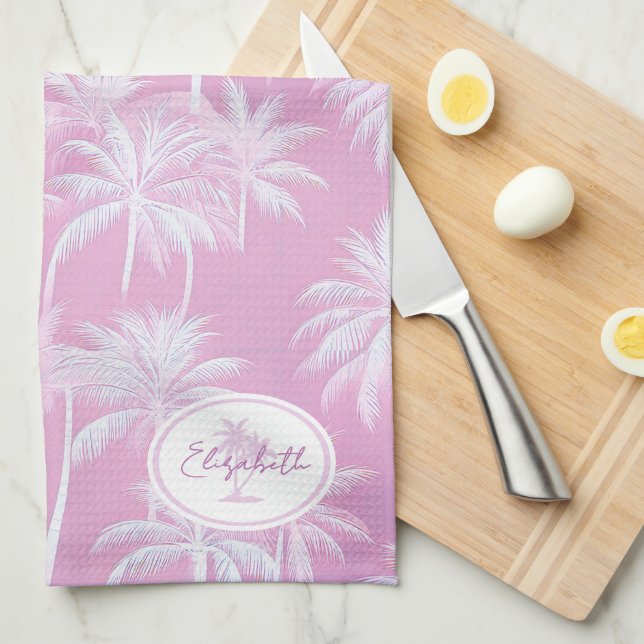 Hawaiian Palm Tree Silhouette Pattern Plum ID1093 Kitchen Towel (Quarter Fold)