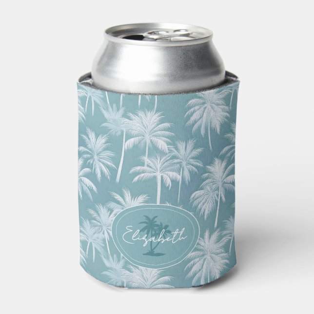 Hawaiian Palm Tree Silhouette Pattern Teal ID1093 Can Cooler (Can Front)
