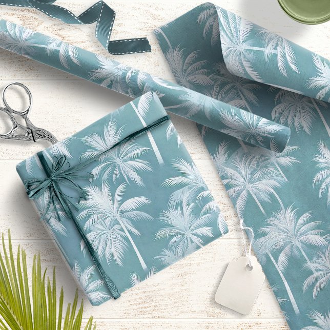 Hawaiian Palm Tree Silhouette Pattern Teal ID1093 Wrapping Paper (Creator Uploaded)