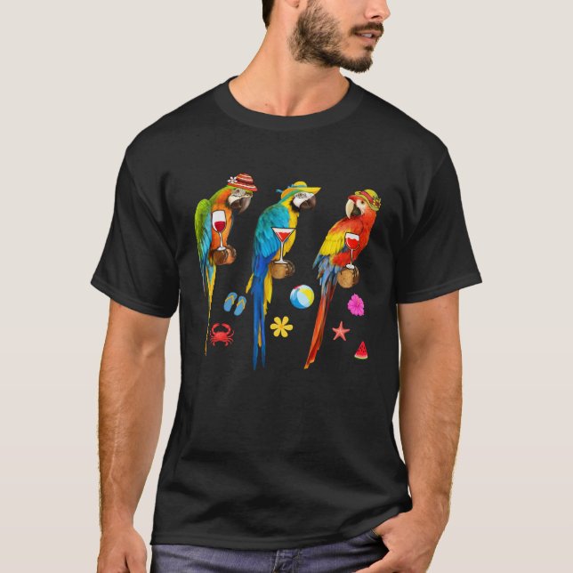 Hawaiian Parrots Drinking Wine Christmas In July T-Shirt (Front)