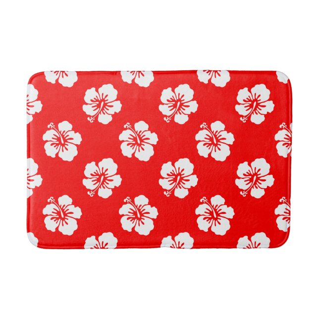 Hawaiian Pattern Hibiscus Red and White Bath Mat (Front)