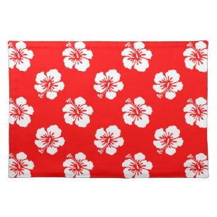 Hawaiian Pattern Hibiscus Red and White Cloth Placemat