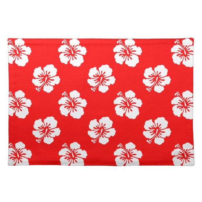 Hawaiian Pattern Hibiscus Red and White Cloth Placemat (Front)