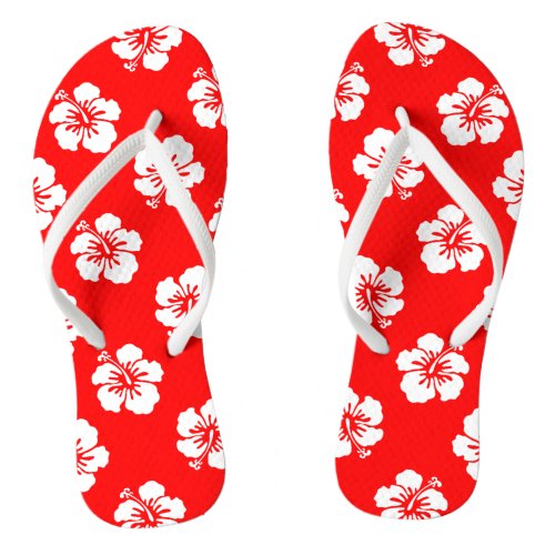 Hawaiian Pattern Hibiscus Red and White Flip Flops