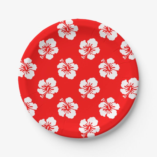 Hawaiian Pattern Hibiscus Red and White Paper Plates (Front)