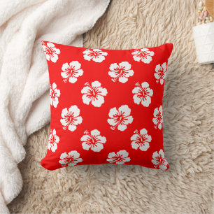 Hawaiian Pattern Hibiscus Red and White Throw Pillow