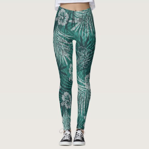 Hawaiian Pattern With Hibiscus Flower Palm Leaves Leggings