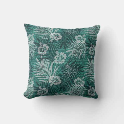 Hawaiian Pattern With Hibiscus Flower Palm Leaves Throw Pillow