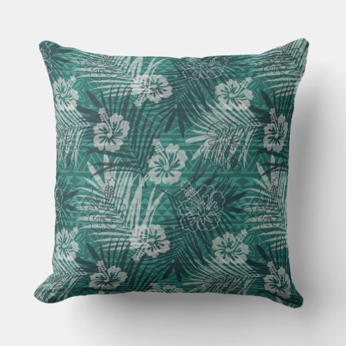 Hawaiian Pattern With Hibiscus Flower Palm Leaves Throw Pillow