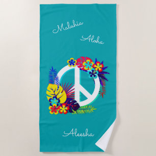 Hawaiian Peace Love Name Personalized Ocean Blue Beach Towel