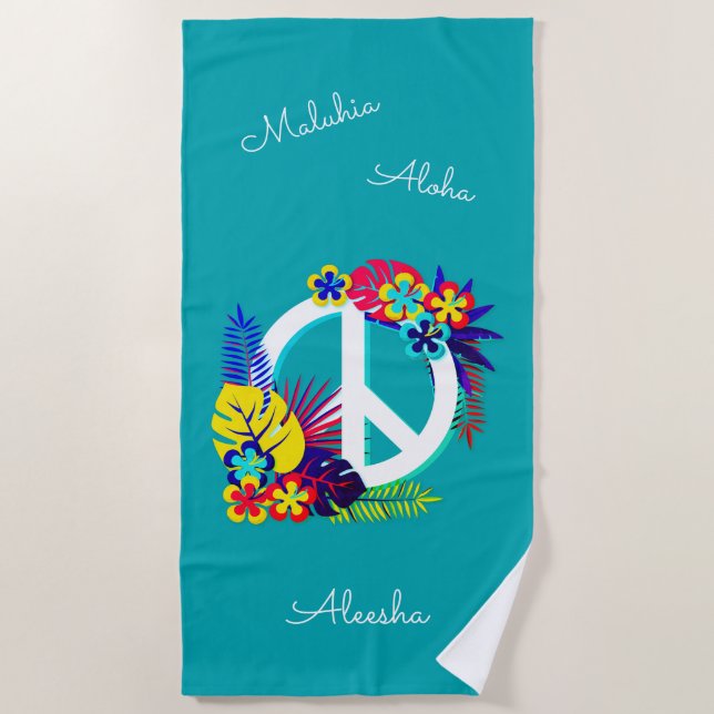 Hawaiian Peace Love Name Personalized Ocean Blue Beach Towel (Front)