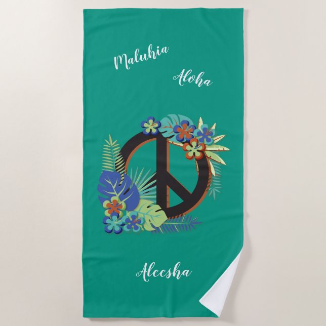 Hawaiian Peace Love Name Personalized Sea Green Beach Towel (Front)