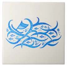 Hawaiian petroglyph Canoe at Sea Ceramic Tile