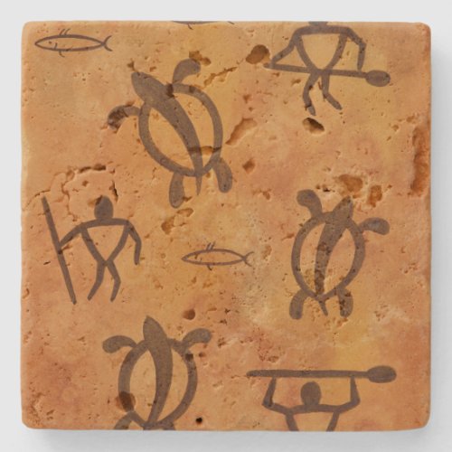 Hawaiian Petroglyph Warrior n Honu Stone Coaster