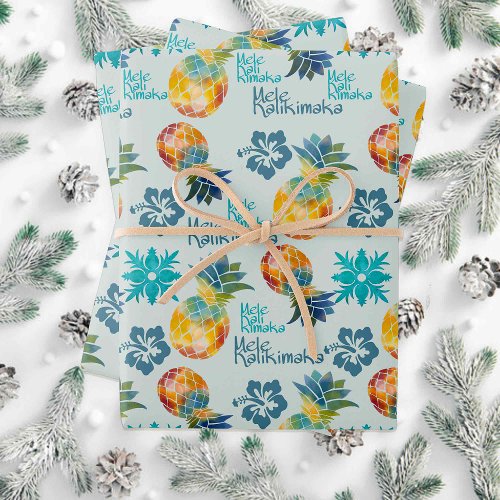 Hawaiian Pineapple and Hibiscus Mele Kalikimaka 2 Wrapping Paper Sheets