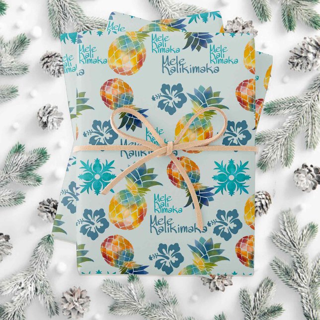 Hawaiian Pineapple and Hibiscus Mele Kalikimaka 2 Wrapping Paper Sheets (Creator Uploaded)