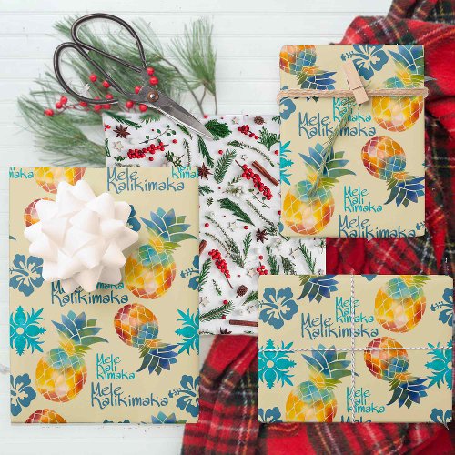 Hawaiian Pineapple and Hibiscus Mele Kalikimaka 3 Wrapping Paper Sheets