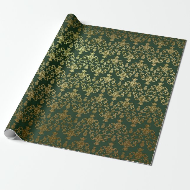 Hawaiian Pineapple Emerald Green Gold Wrapping Paper (Unrolled)