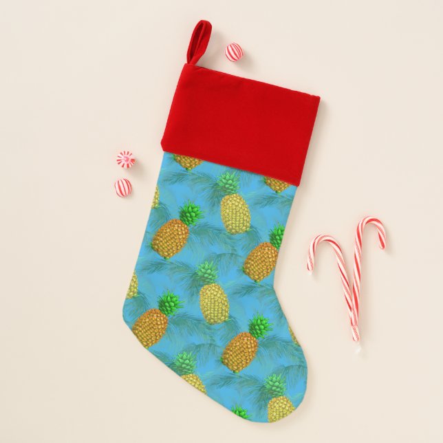 Hawaiian Pineapple Navy Blue Christmas Stocking (Front)