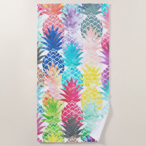 Hawaiian Pineapple Pattern Tropical Watercolor Beach Towel