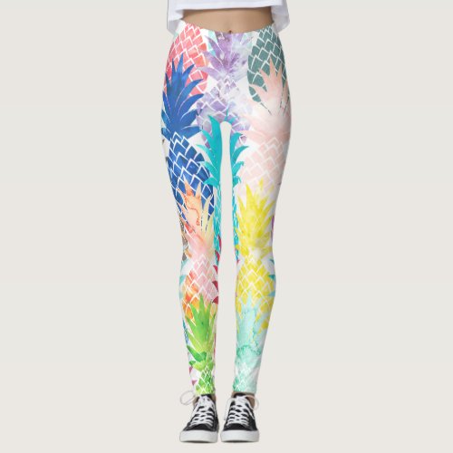 Hawaiian Pineapple Pattern Tropical Watercolor Leggings