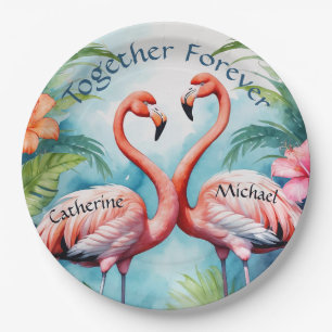 Hawaiian Pink Flamingo Hibiscus Monogram Wedding Paper Plates