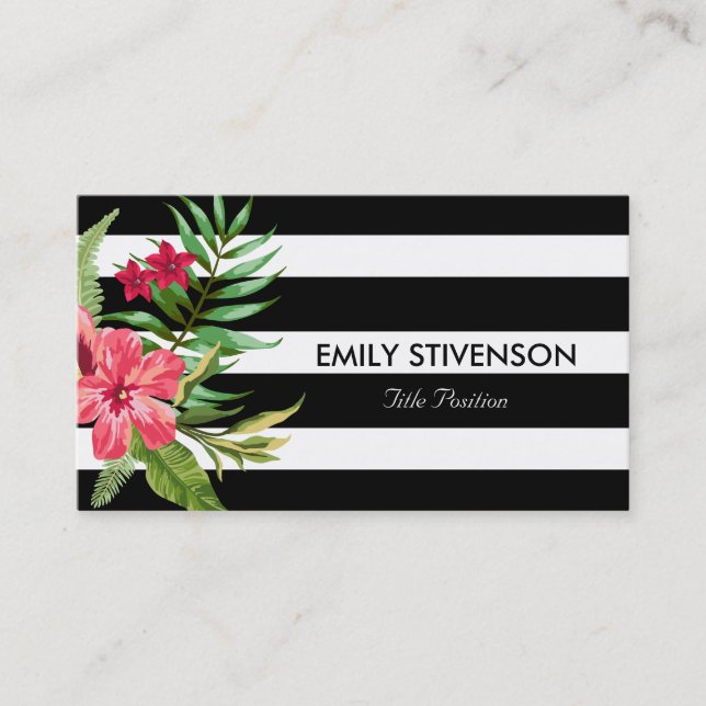 Hawaiian Pink Flower And Black White Stripes Business Card (Front)