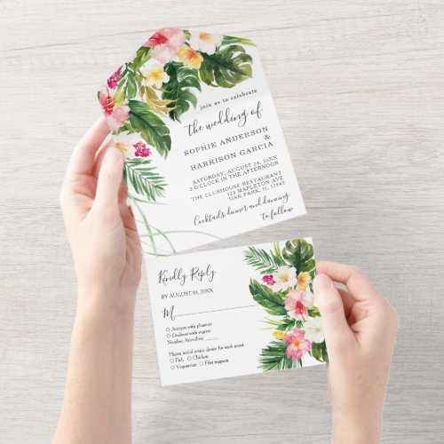 Hawaiian Pink Hibiscus Tropical Floral Wedding All In One Invitation